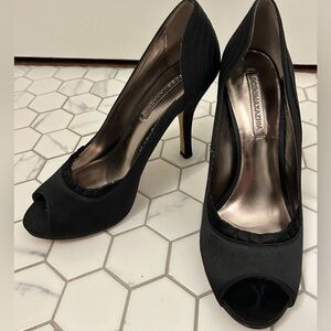 BCBG Black Satin Peep-Toe Pumps, Sz 7.5